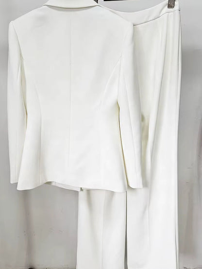 OUDINA Fashion White Elegant Hollow Office Formal Profession Lady Two Piece Sets Suits Trousers Women Suit Blazer