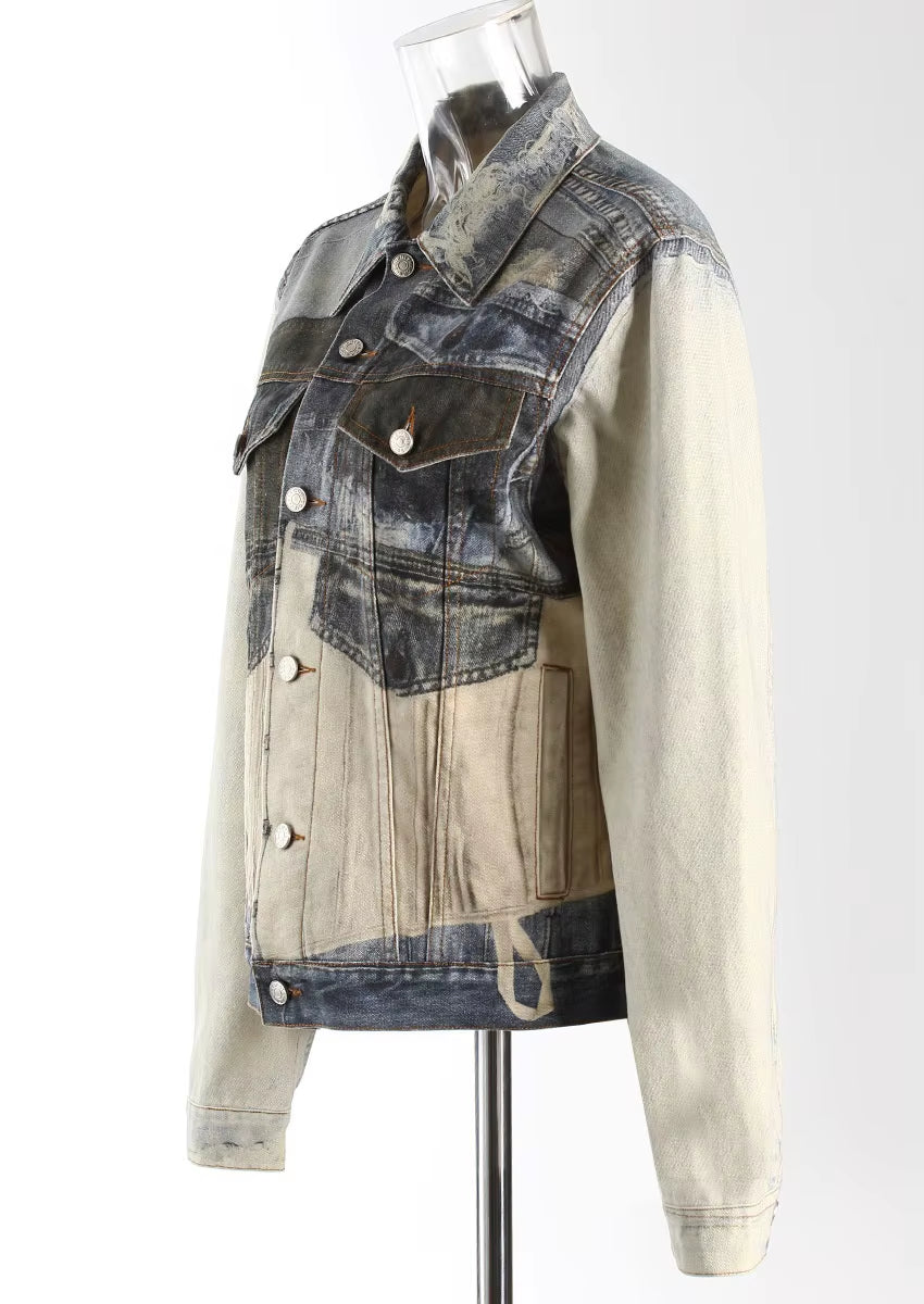 OUDINA Street Fashion Casual Patchwork Leisure Vintage Print Jean Jackets Denim Jacket for Women