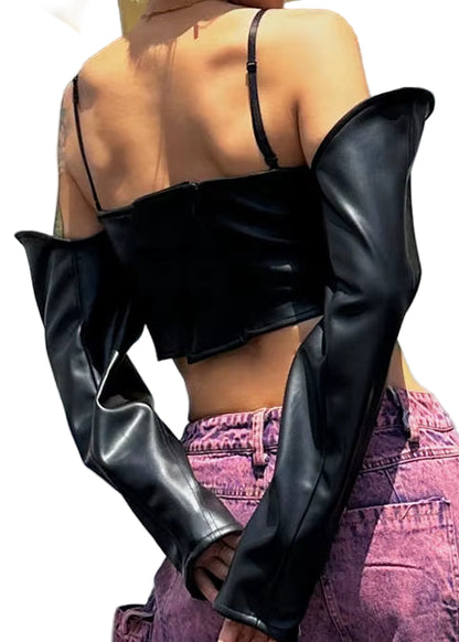 OUDINA New One-Word Collar Off-The-Shoulder Short Women'S Shirt PU Leather Top Women Shirts Blouses and Tops