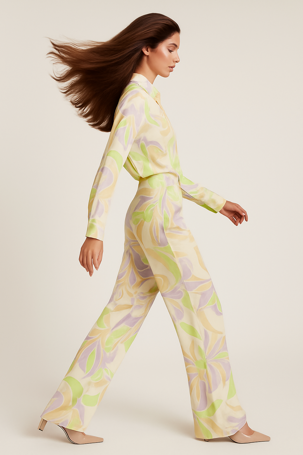 Chic Manhattan Vintage Casual Printed Shirt & Straight Pants Set for Effortless Elegance