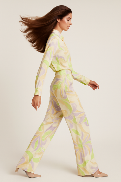 Chic Manhattan Vintage Casual Printed Shirt & Straight Pants Set for Effortless Elegance