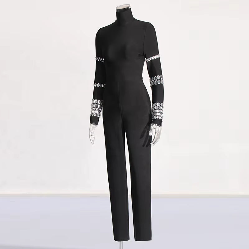 OUDINA 2024 New Trendy Tight Jumpsuit Heavy Industry Design Handmade Diamond Slim Fit Sexy Jumpsuits for Women