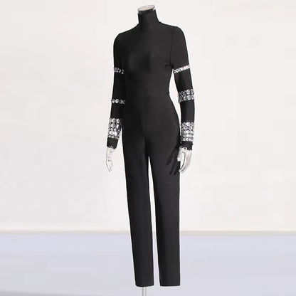 OUDINA 2024 New Trendy Tight Jumpsuit Heavy Industry Design Handmade Diamond Slim Fit Sexy Jumpsuits for Women
