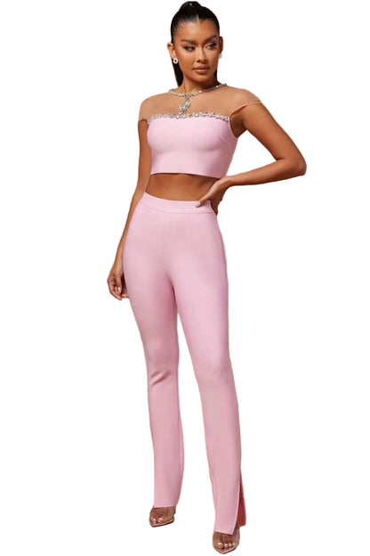 OUDINA Autumn New Sexy Knitted Sets Women Low Collar Vest Long Flared Casual Pants Two Piece Set