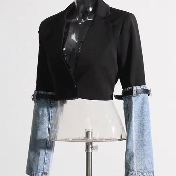 OUDINA Trendy Irregular Patchwork Denim Long Sleeve Lace-Up Casual Short Suit Blazer Cropped Jacket Jackets for Women