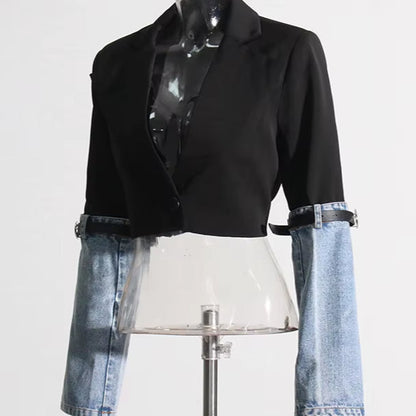 OUDINA Trendy Irregular Patchwork Denim Long Sleeve Lace-Up Casual Short Suit Blazer Cropped Jacket Jackets for Women