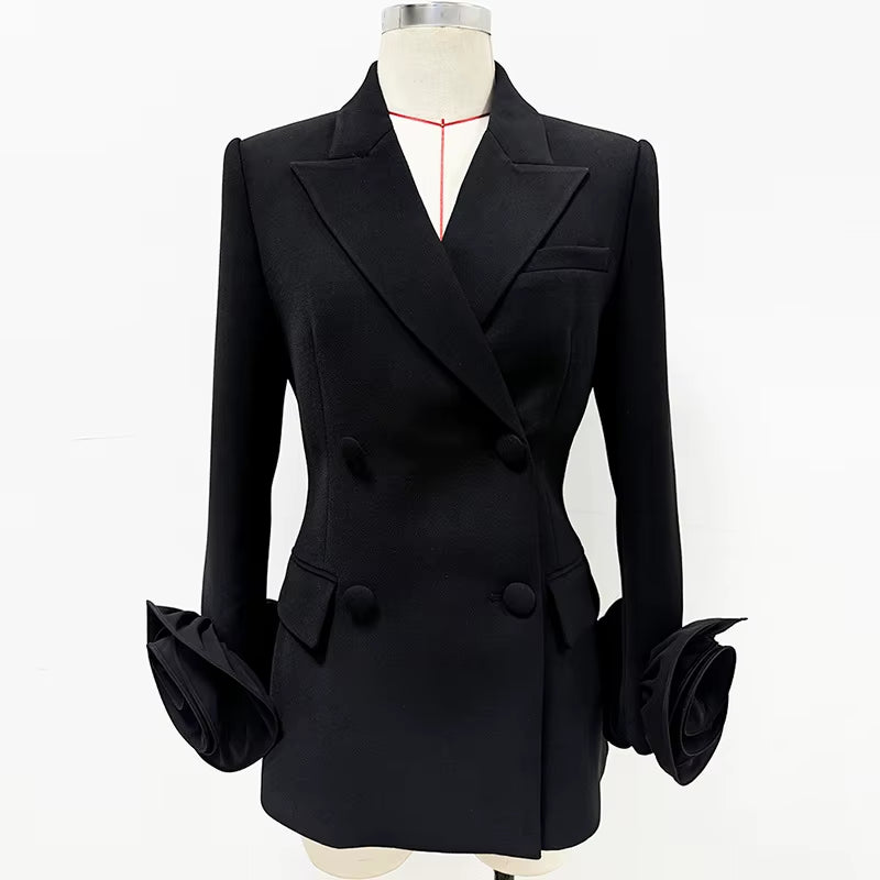 OUDINA Fashion Trendy Blazer New Style Flower Splicing Long Sleeve Double-Breasted Solid Color Suit Blazer for Women
