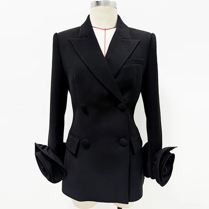 OUDINA Fashion Trendy Blazer New Style Flower Splicing Long Sleeve Double-Breasted Solid Color Suit Blazer for Women