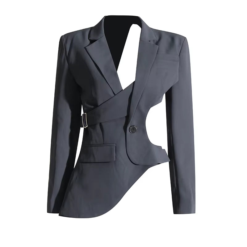 OUDINA Fashion New Elegant Burgundy Irregular Splice Hollow Women'S Suit Blazer Simple Ladies Jacket Solid Women Blazer