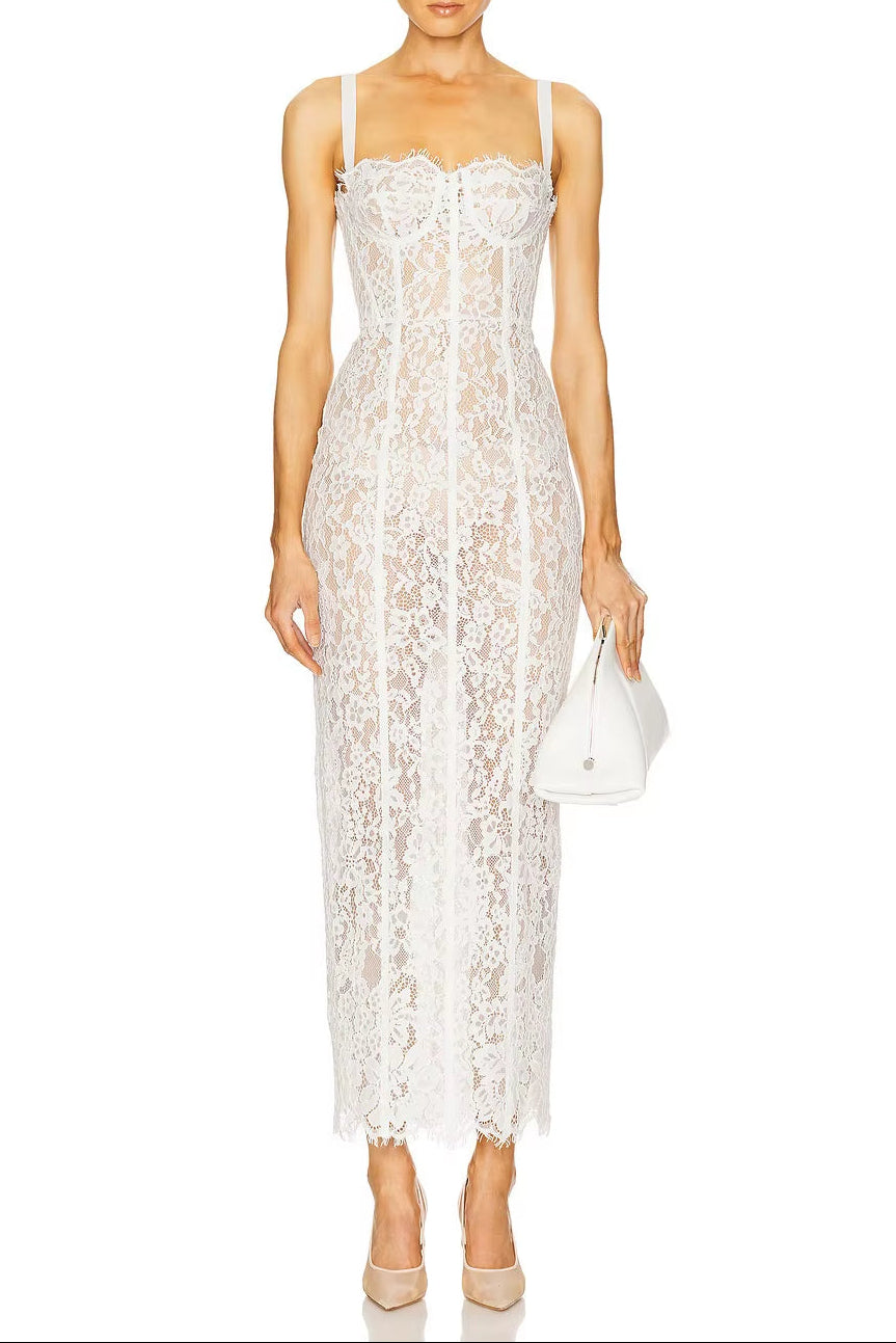 OUDINA Luxury Fashion Summer See-Through Lace Sleeveless Casual Elegant Party Gowns for Women Evening Dresses