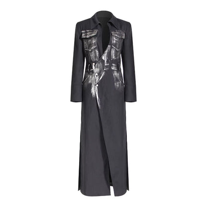 OUDINA Stylish Silver Brush Color Rock Maxi Windbreaker Blazers Ladies Trench Coat Women Long Jacket