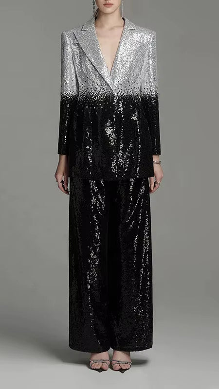 OUDINA Hot Selling Elegant Loose Gradient Black White Sequined Straight Pants Business Blazers Two Piece Women'S Wuits