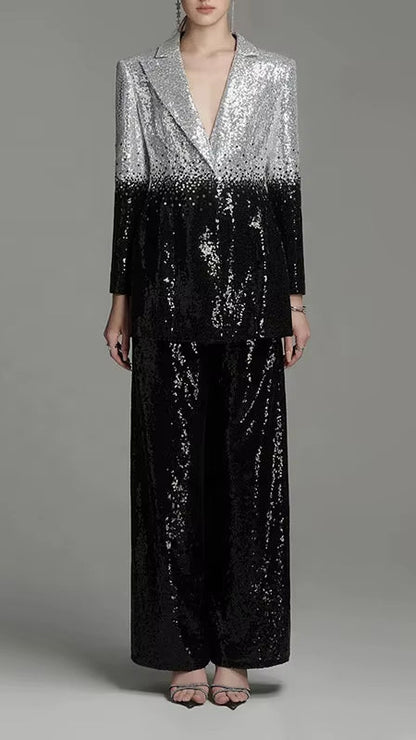 OUDINA Hot Selling Elegant Loose Gradient Black White Sequined Straight Pants Business Blazers Two Piece Women'S Wuits