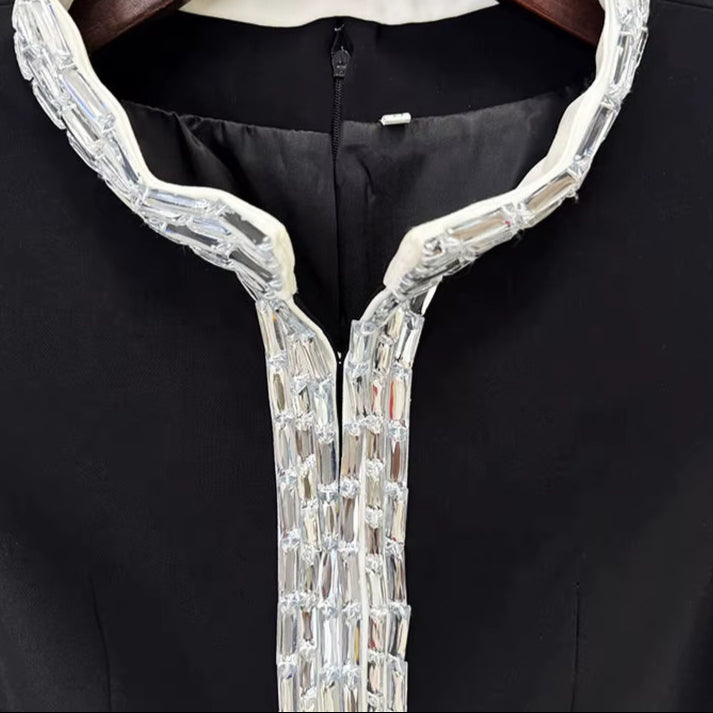 OUDINA Trendy Clothing Luxury Elegant Rhinestone Beaded Diamond Short Sleeve Split Dresses Maxi Party Dinner Long Evening Dress