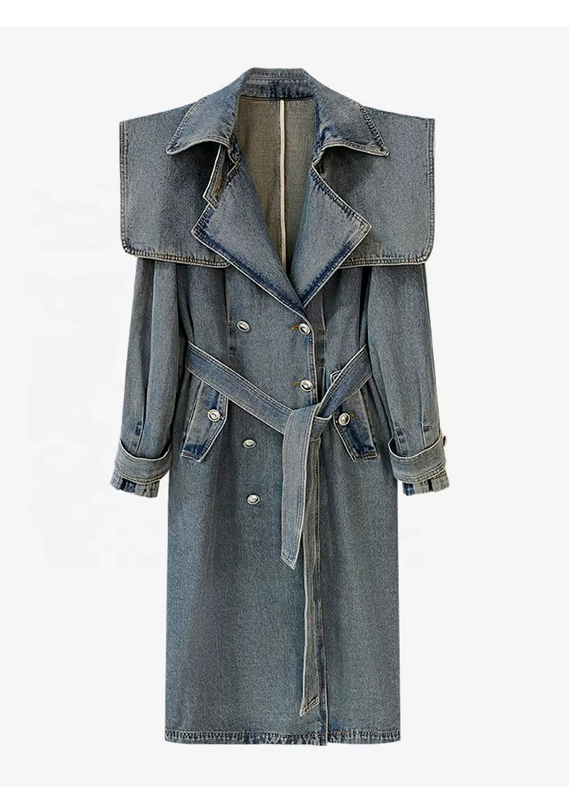 OUDINA High End Fashion Winter Loose Blue Denim Jacket Windbreaker Trench Ladies Long Coat for Women