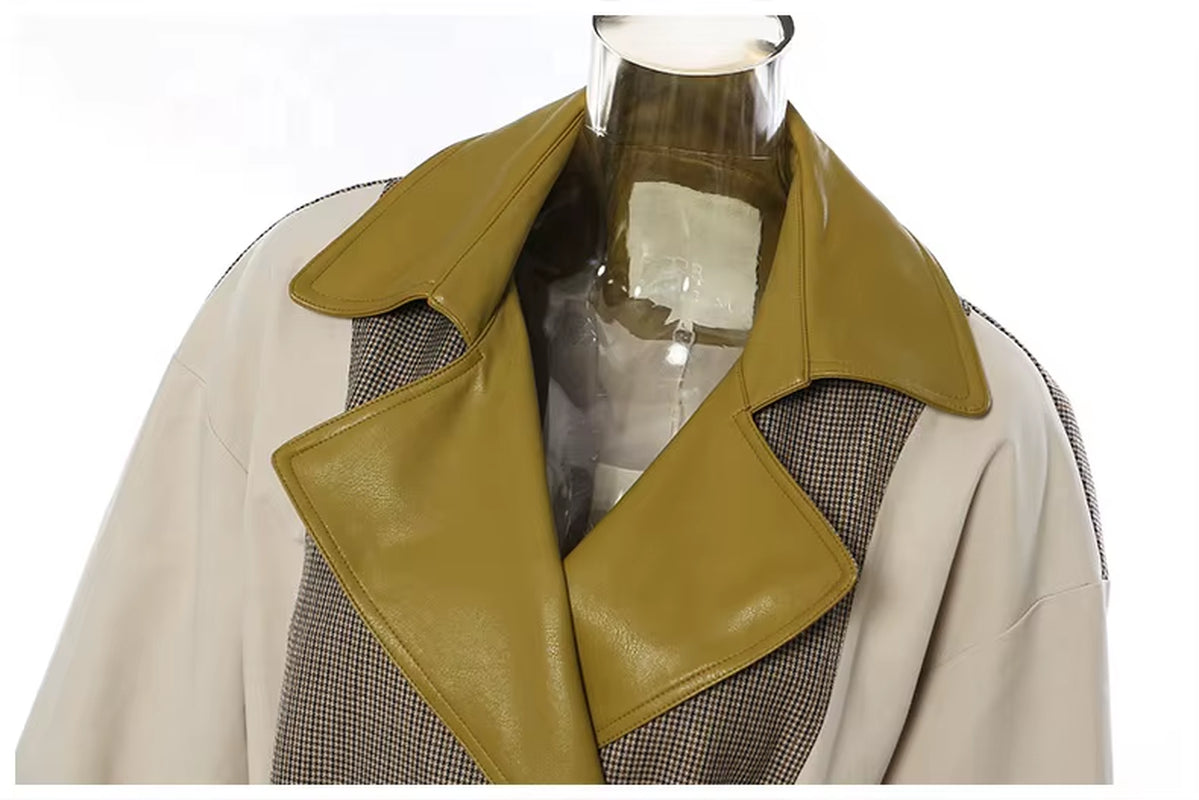 OUDINA Fashion Women'S Coats Winter British Style Contrast Color Leather Plaid Long Trench Coat Women