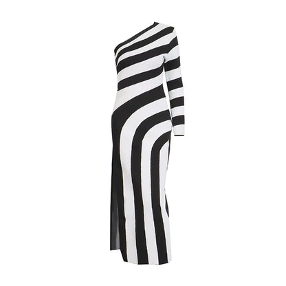 OUDINA New Temperament Zebra Pattern Bare Leg Bandage Banquet One Shoulder Dresses Party Dress