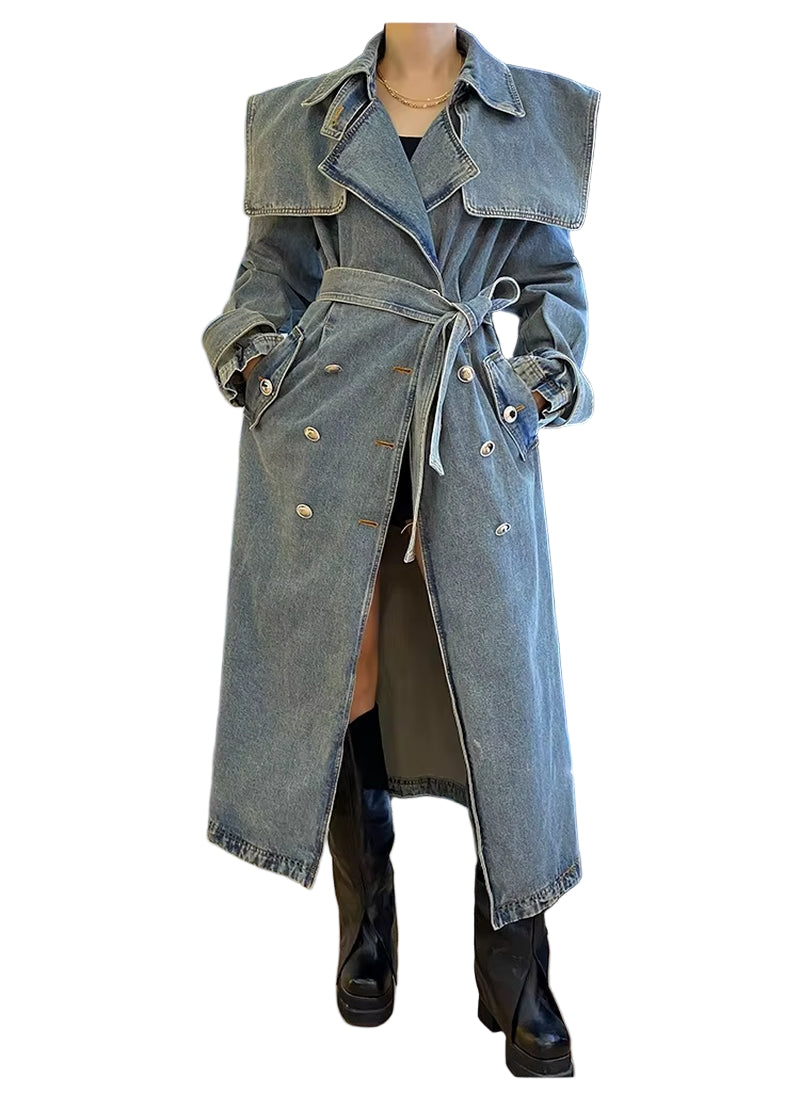 OUDINA High End Fashion Winter Loose Blue Denim Jacket Windbreaker Trench Ladies Long Coat for Women