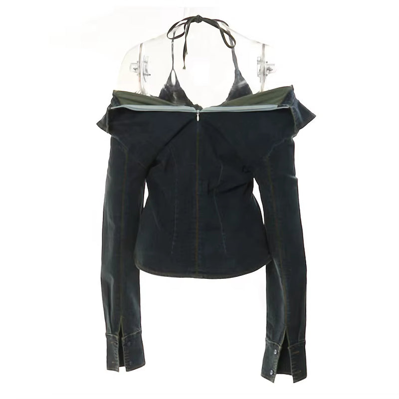 OUDINA High Elastic Multiple Ways to Wear Casual Crop Top Jean Jacket Denim Tops for Women