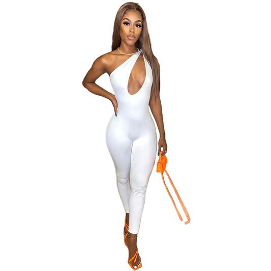 OUDINA Hot Selling Ready to Ship Solid Color Irregular One Shoulder Sleeveless Trousers Jumpsuit Women Jumpsuits