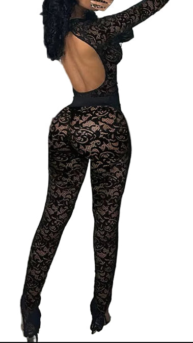 OUDINA Hotselling Autumn Street Sexy Lace Hollow Perspective Tights Two Piece Set Women Clothing 2 Piece Women'S Sets
