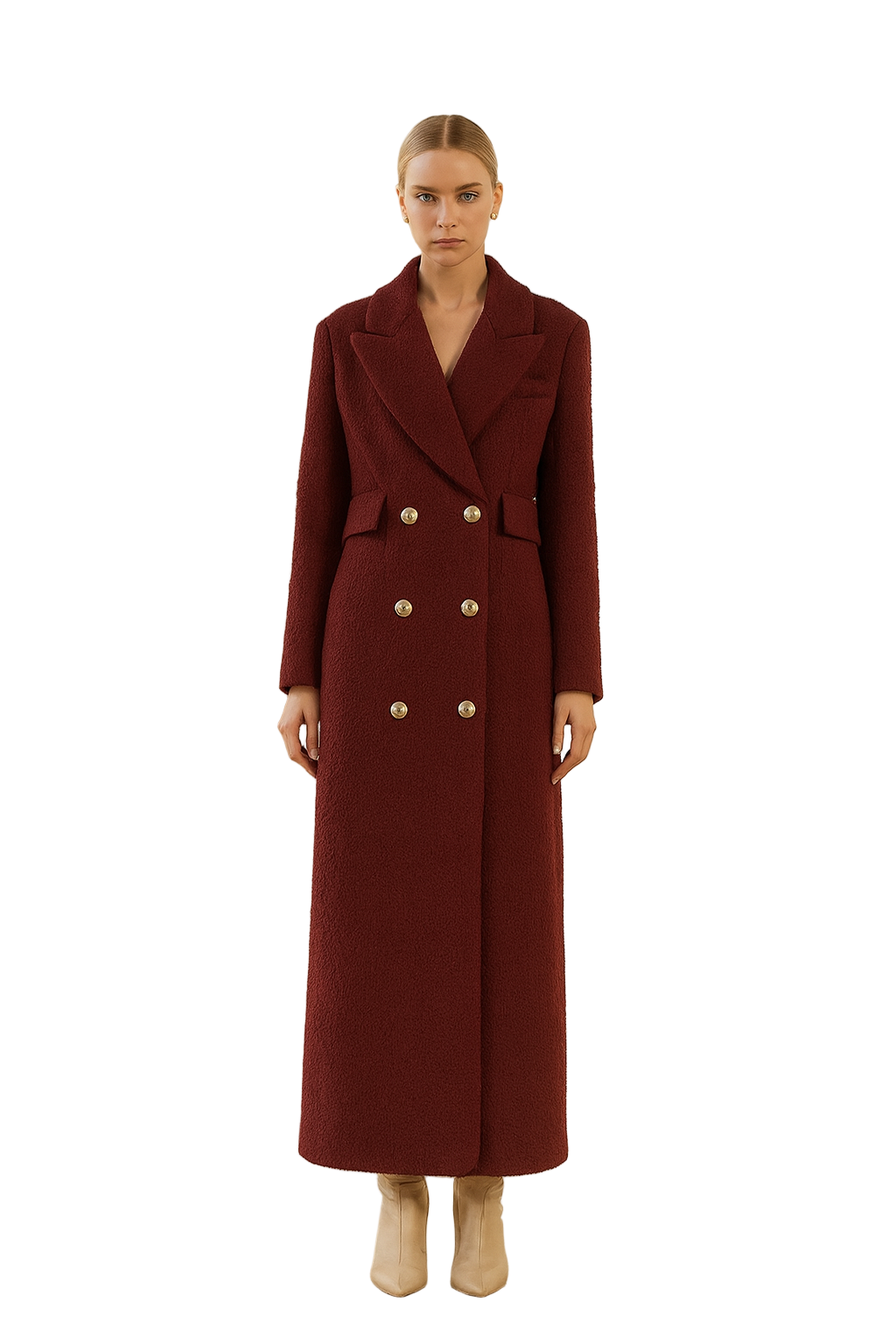 Longline Textured Wool Double-Breasted Coat