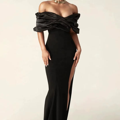 OUDINA Stylish New Dinner Dress One Shoulder Solid Color Pleated Evening Dresses Lady Elegant Long Dress for Women