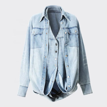 OUDINA Fashion Retro Light Washed Shirt Jacket Casual Ladies Jackets Trend Street Style Denim Jacket