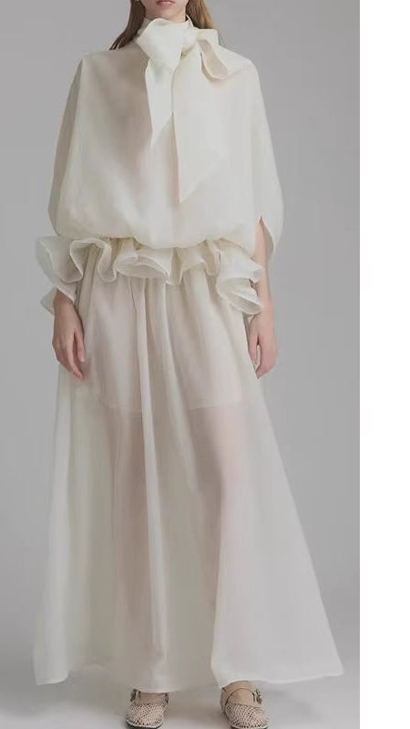 OUDINA New Bow Tie Collar Ruffled Slim Fit Solid Color Women Casual White Dresses Long Dress