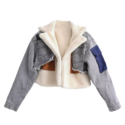 OUDINA Fashion Fleece Denim Patchwork Lamb Wool Thickened Motorcycle Jacket Cotton Ladies Winter Coats Women Fur Coat