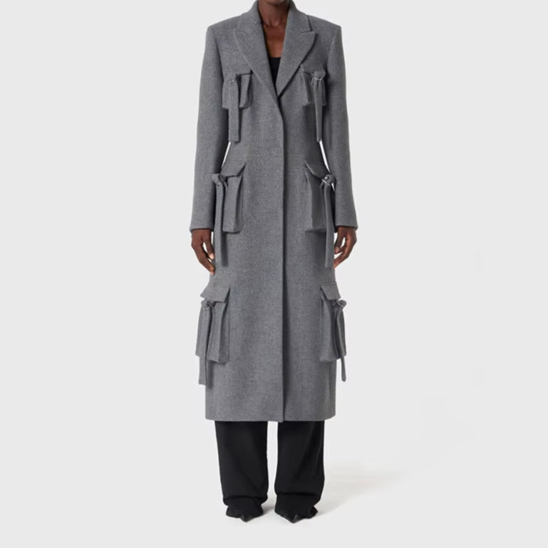 OUDINA 2023 New Style Fashionable Multi-Pocket Decorative Design Suit Jacket Slimming Long Coat for Women Blazer