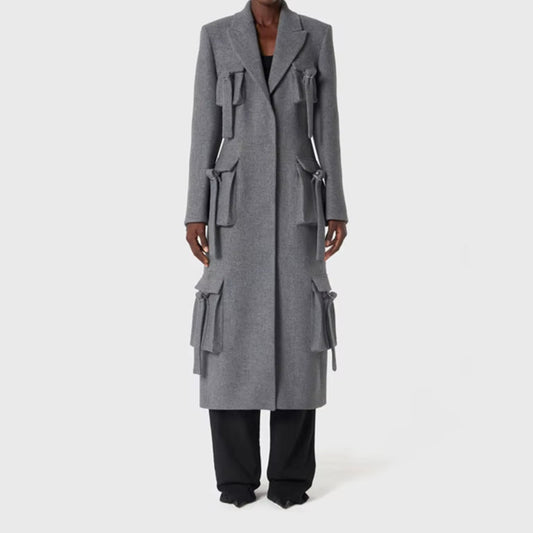 OUDINA 2023 New Style Fashionable Multi-Pocket Decorative Design Suit Jacket Slimming Long Coat for Women Blazer