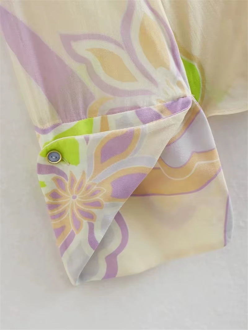 OUDINA Fashion French Vintage Casual Printed Shirt Top Straight Trousers Pants Set Women'S Two Piece Sets