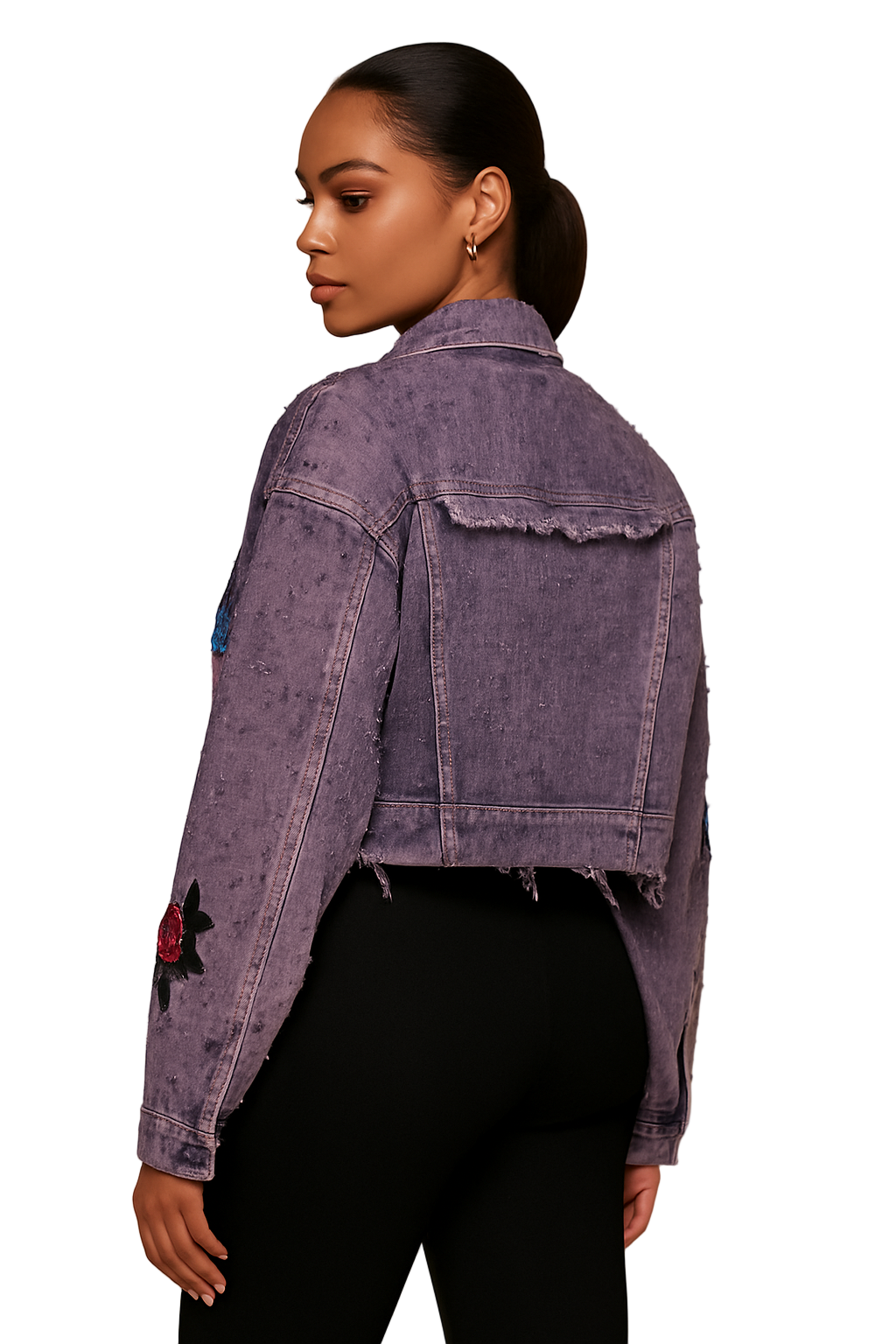 Chic Lavender Cropped Denim Jacket with 3D Floral Embroidery