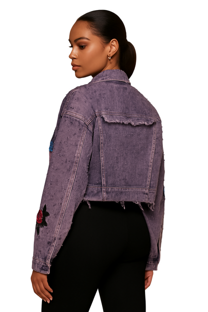 Chic Lavender Cropped Denim Jacket with 3D Floral Embroidery
