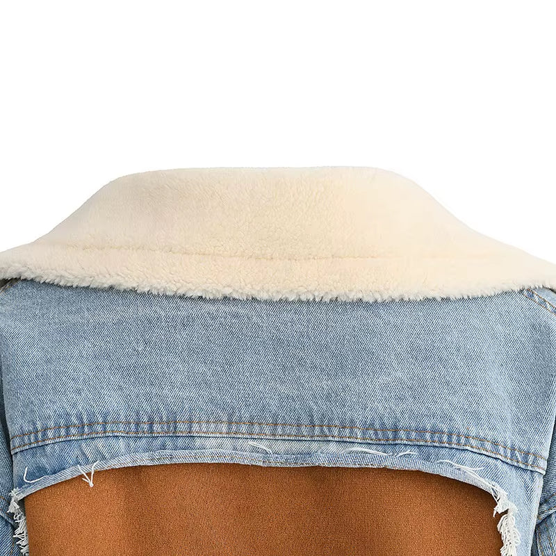 OUDINA Trendy Denim Patchwork Wool Warm Thickened Padded Jacket Fur Long Coats for Women Winter Coat