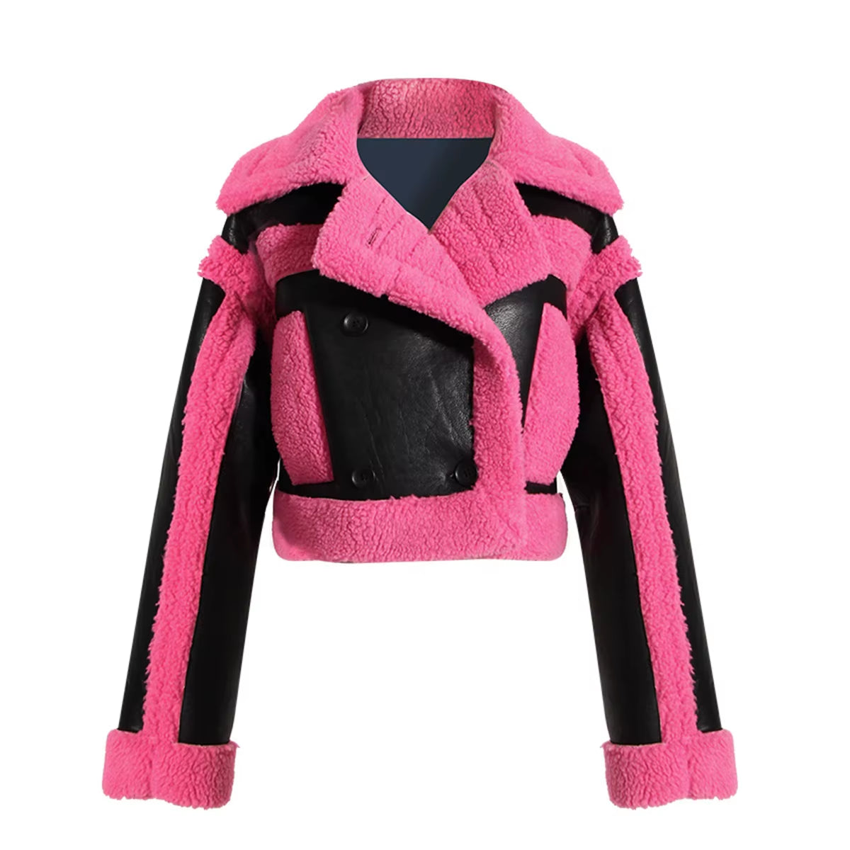 OUDINA Fashionable Winter Wholesale Cropped Contrast Color Motorcycle Jacket Faux Fur Coat Women