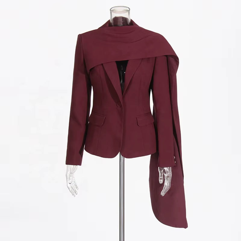 OUDINA Fashion Splicing Shawl Solid Elegant Blazers Jacket Red Ladies Blazer Simple Women'S Suits Blazers