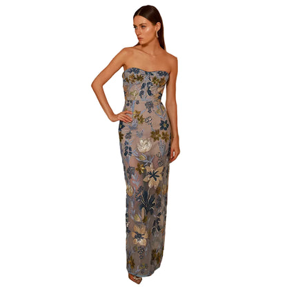 OUDINA Hot Fashion off Shoulder Mesh Flower Embroidery Long Banquet Party Dresses Gown Women Elegant Evening Dress