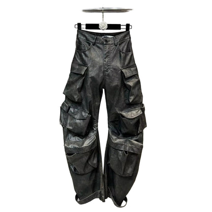OUDINA 2023 New High Street Multi Pocket Leather Pants Solid Color High Waist Wide-Leg Cargo Trousers Women