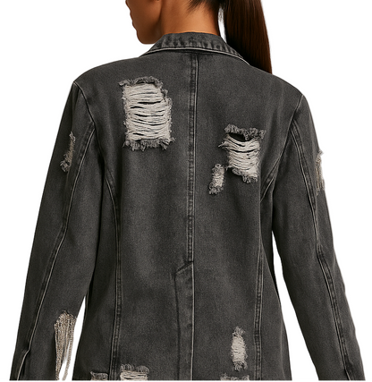 Chic Distressed Rhinestone-Chain Denim Blazer for Women