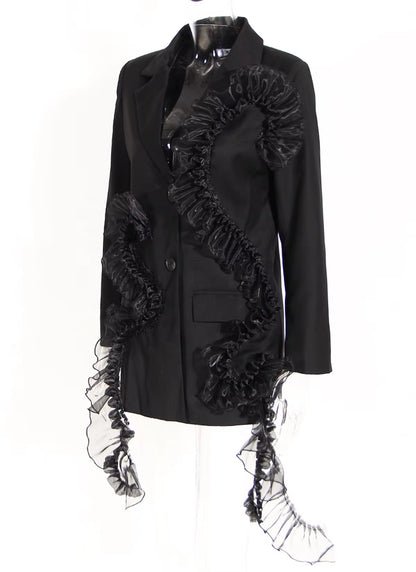 OUDINA New Stylish 2022 Blazer Tassel Casual Stitching Mesh Lace Ladies Midi Woman Blazers