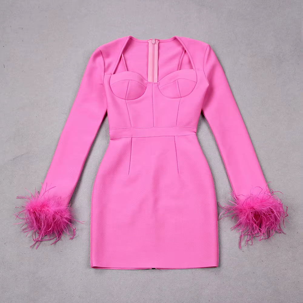 OUDINA New Fashion Long Sleeve Ostrich Feather Evening Party Wear Dresses Women Bandage Dress