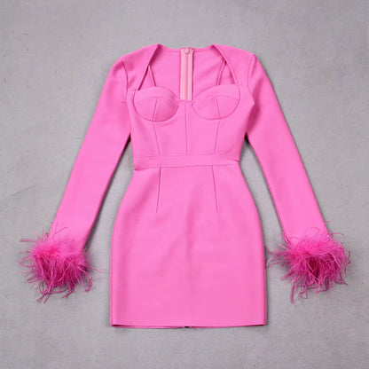 OUDINA New Fashion Long Sleeve Ostrich Feather Evening Party Wear Dresses Women Bandage Dress
