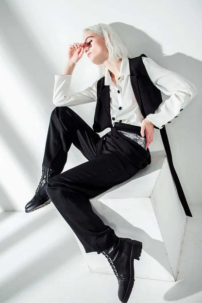 OUDINA Fashion Lady Lace White Two Piece Shirt and Vest Set Pleated Mid-Length Shirt Top for Women Blouses Shirts