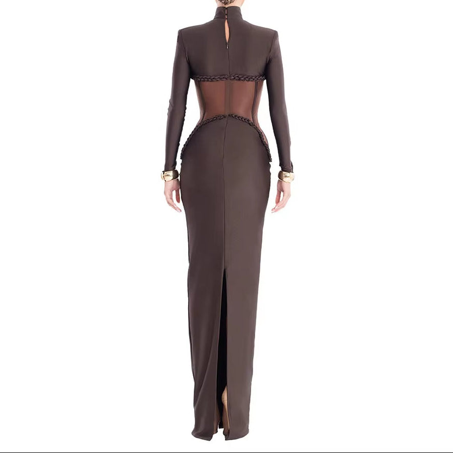 OUDINA New Hotselling Elegant round Neck Long Sleeve Mesh Bodycon Maxi Dress Party Bandage Dresses for Women
