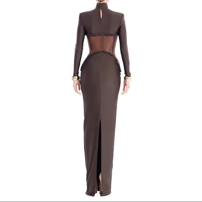 OUDINA New Hotselling Elegant round Neck Long Sleeve Mesh Bodycon Maxi Dress Party Bandage Dresses for Women