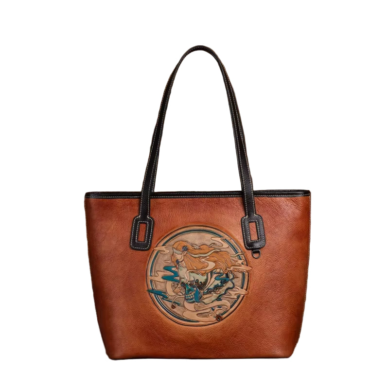 Westal Women Vintage Cowhide Leather Embossed Shoulder Tote Bag Large Work Purse Handbag Genuine Leather Women Laptop Tote Bag