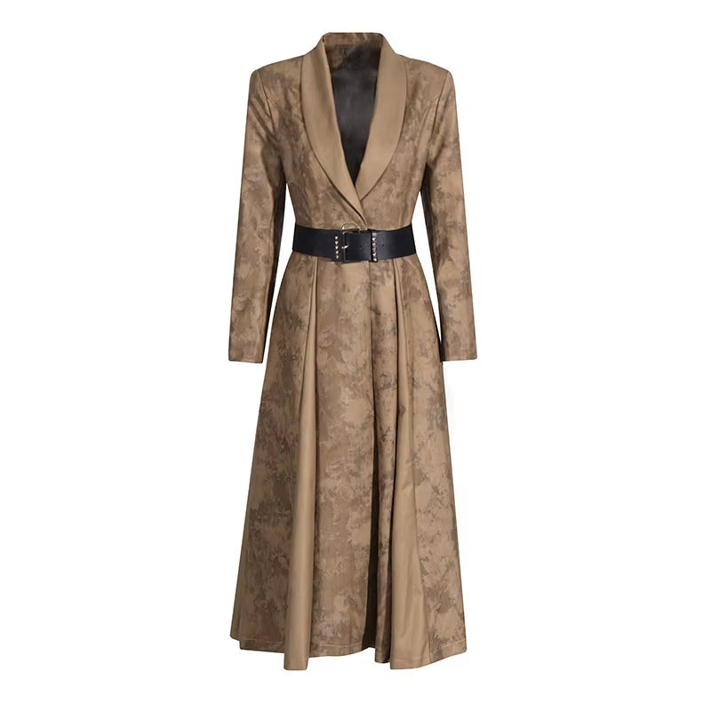 OUDINA Fashion High-End V-Neck Belt Print Long Lady Trench Coats Elegant Trench Coat Women Casual Coats