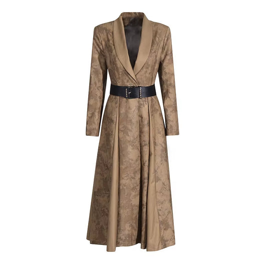 OUDINA Fashion High-End V-Neck Belt Print Long Lady Trench Coats Elegant Trench Coat Women Casual Coats